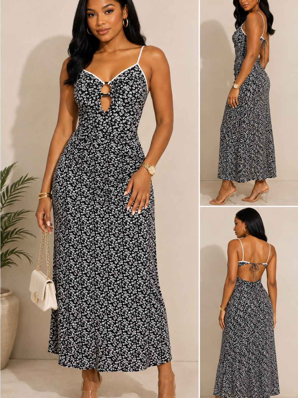 Zara Black & White Floral Maxi Dress with Tie-Back